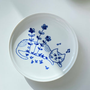 Mino Ware Hand-painted Humming Cat Dessert Plate